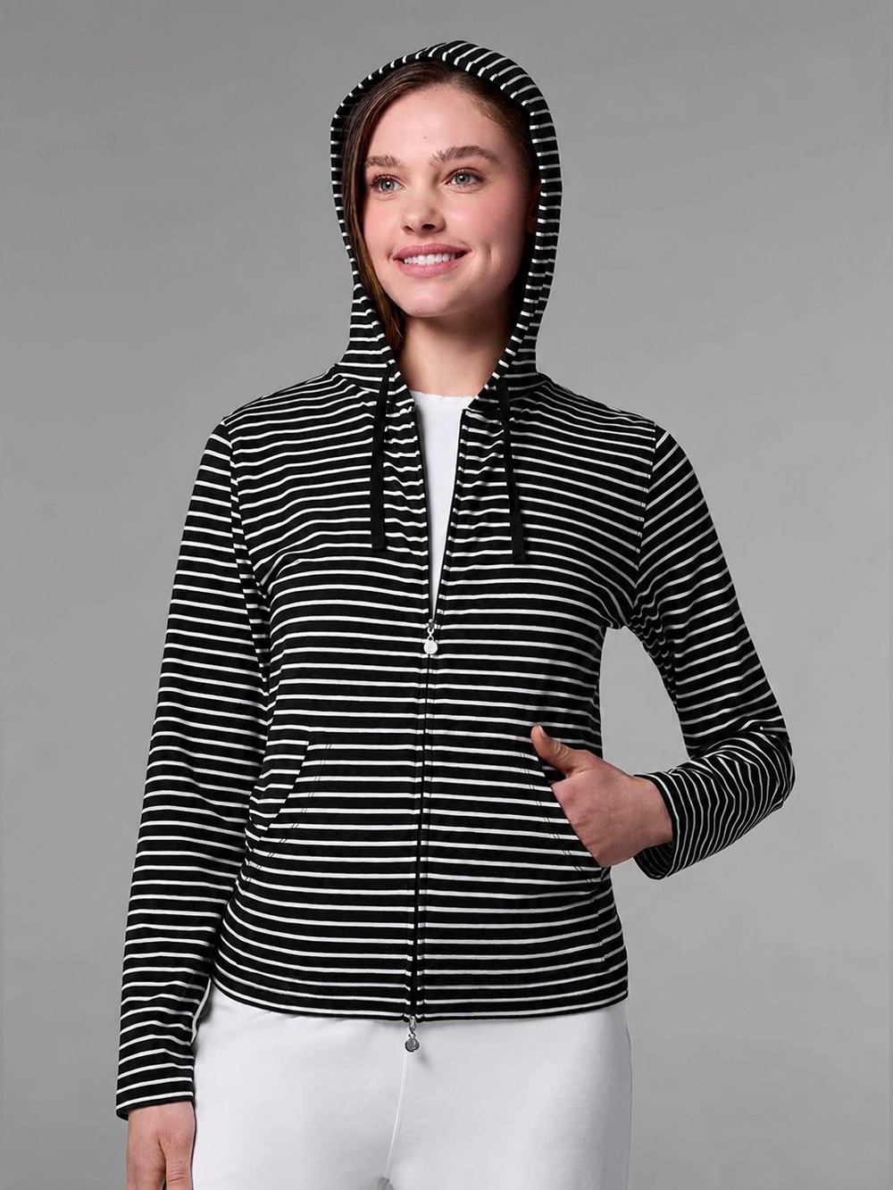 Coolibar UPF 50+ Black & White Striped Full-Zip Hoodie sun protection large
